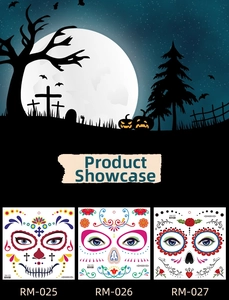 Three Day of the Dead floral face tattoo designs RM-025, RM-026, and RM-027 on white background