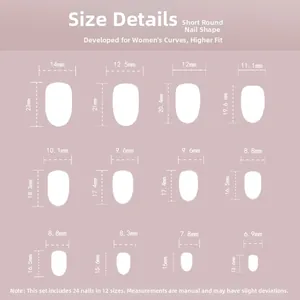 Detailed size guide for short round press-on nails with twelve specific width measurements