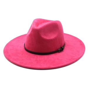 British style rose red suede fedora hat with wide brim and black leather buckle band