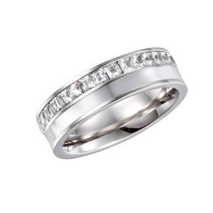 Polished stainless steel wide ring featuring princess cut channel set zirconia stones