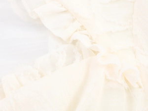 Detail shot of ivory frill trim texture and ruffled fabric design on long sleeve shirt