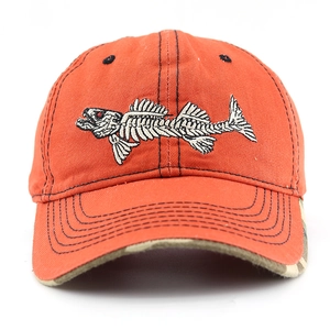 Orange baseball cap with fishbone embroidery and camouflage patterned visor for outdoors