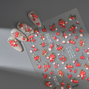 3D embossed lychee fruit nail art stickers with leaves and realistic jelly texture