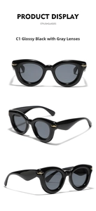 Detailed three-view display of cat eye sunglasses with black frame and gold rivet accents