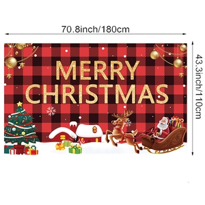 Detail of red plaid Merry Christmas backdrop banner with Santa and reindeer 180x110cm