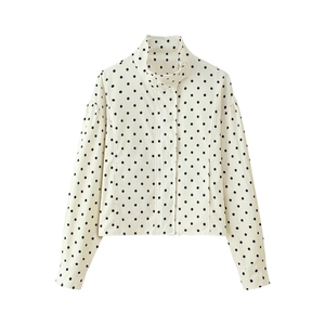 Polka dot print jacket for women featuring a high stand collar and long sleeves in beige
