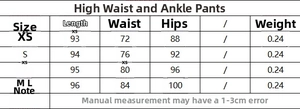Size guide for high-waisted ankle trousers showing length, waist, and hip measurements