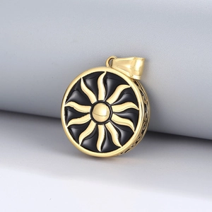 Pendentif soleil en acier inoxydable style hip hop avec motif de rayons en émail noir