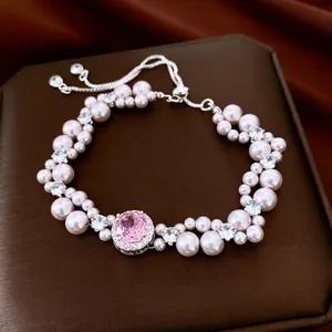 French Vintage Round Pink Gemstone Bracelet For Women Adjustable Slider Clasp With Faux Artificial Pearls And Cubic Zirconia