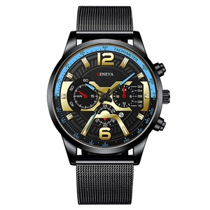 Men's stylish black mesh strap watch with multi-functional chronograph dial and gold markers