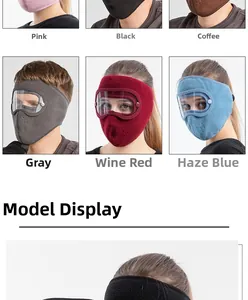 Detail view of polar fleece windproof face masks with goggles in six diverse colors