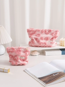 Trousse De Maquillage En Peluche Rose Motif Cœur Pochette De Rangement Portable Organisateur De Voyage Étui Doux Et Mignon