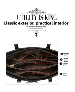 Detailed interior view of a black tote bag showing compartments and zippered pockets