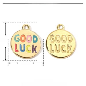 Detailed size parameter view of round stainless steel Good Luck charm with colorful enamel