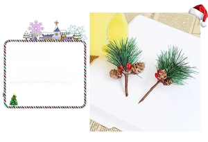 Detailed view of artificial pine needles with red berries and pine cones for Christmas DIY