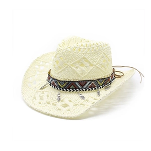 Retro hollow straw cowboy hat with ethnic geometric band and silver heart pendants