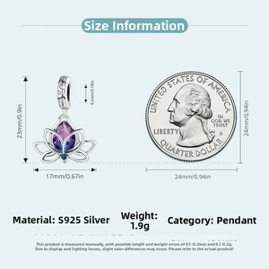 Macro view of S925 sterling silver lotus pendant with gradient drop gemstone and dimensions