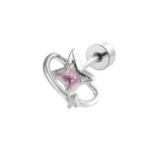Star-shaped orbital stud earring in silver with a square pink zircon and crystal accents