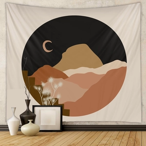 Bohemian tapestry featuring abstract mountains and moon in terracotta and earth tones
