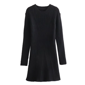 Slim fit black ribbed knit dress with round neck and long sleeves in minimalist style