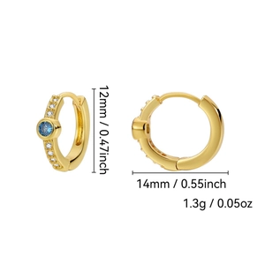 Gold hoop earrings with blue zircon and white crystals measuring 14mm in width