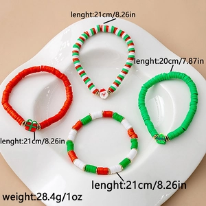 Christmas beaded bracelet set with Santa Claus and tree charms in red and green colors