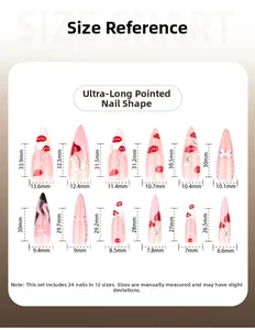 Size chart showing 12 dimensions for extra long stiletto press-on nails with heart designs