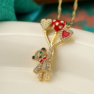 Charming teddy bear heart balloon pendant necklace with gold chain and zircon inlay
