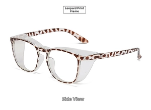 Detail view of leopard print safety glasses with transparent side shields and PC frame