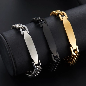 Hip hop Cuban link bracelets in silver, gold and black finish with blank ID tag