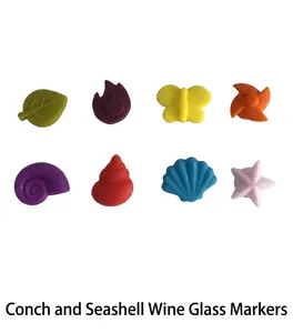 Close-up of 8-piece silicone wine glass markers featuring colorful nature shapes like leaves