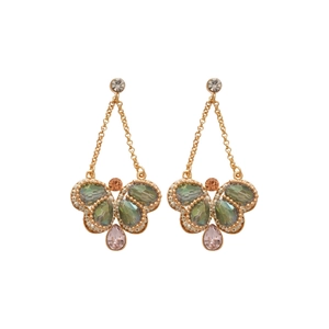 Vintage gold butterfly earrings with green and pink crystals and water drop pendants