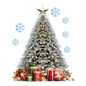 Illuminated white Christmas tree set with warm lights, golden star and festive gift boxes