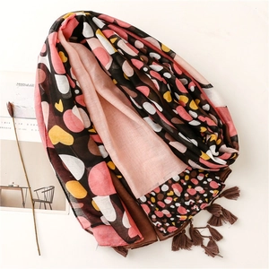 Chic heart and polka dot printed scarf with tassels for women in pink and yellow