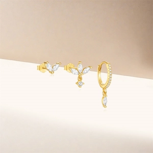 Detailed macro shot of S925 sterling silver earrings set with marquise-cut zircon stones