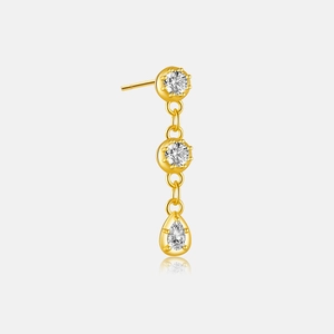 Detail view of gold drop earrings featuring sparkling round zircons and teardrop crystal
