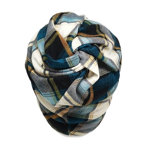 Detailed view of the navy blue and yellow plaid knit texture on the infinity scarf