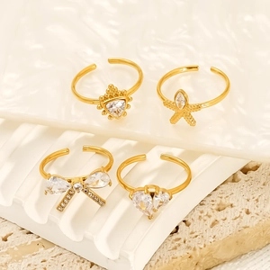 Elegant Open Adjustable Ring 18K Gold Plated 304 Stainless Steel Zircon Inlaid Heart Starfish Bow Waterproof For Women