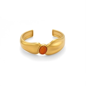 Chic 18k gold plated stainless steel open bangle with oval carnelian gemstone inlay