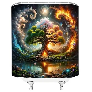 Wasserdichter Duschvorhang aus Polyester mit buntem Baum des Lebens Motiv aus Wasser und Feuer