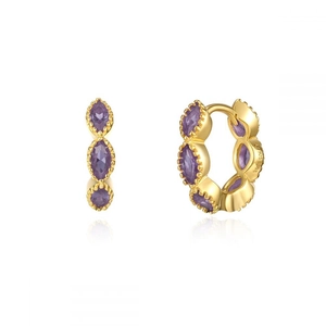 Detailed macro view of S925 hallmark on gold plated hoop earring with purple marquise stone