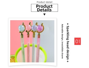 Detail showing creative globe-shaped pens with colorful sequins and I Love You text