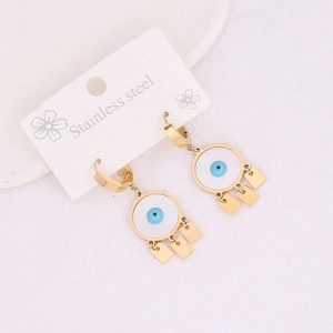 Golden stainless steel evil eye drop earrings with geometric rectangle pendants
