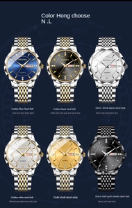 Six luxury steel strap quartz men's watches with dual calendar and luminous diamond markers