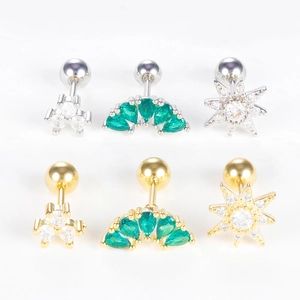 Zircon cartilage stud set with star and fan shapes in gold and silver stainless steel