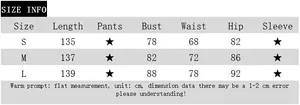 Detailed size chart for lace patchwork flared jumpsuit with length and bust measurements