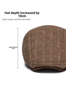 Detail of check newsboy cap showing 10cm deep crown for full head coverage and snug fit