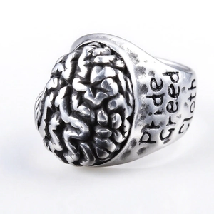 Vintage silver brain ring for men with Pride and Greed engravings in punk gothic style