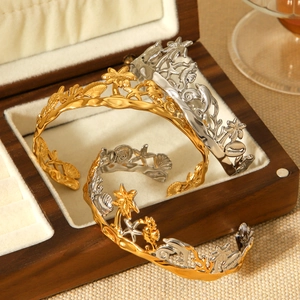Ocean-themed stainless steel open cuff bracelets with palm tree and shell engravings