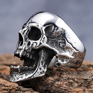 Gothic long-toothed zombie skull ring in polished silver stainless steel for men